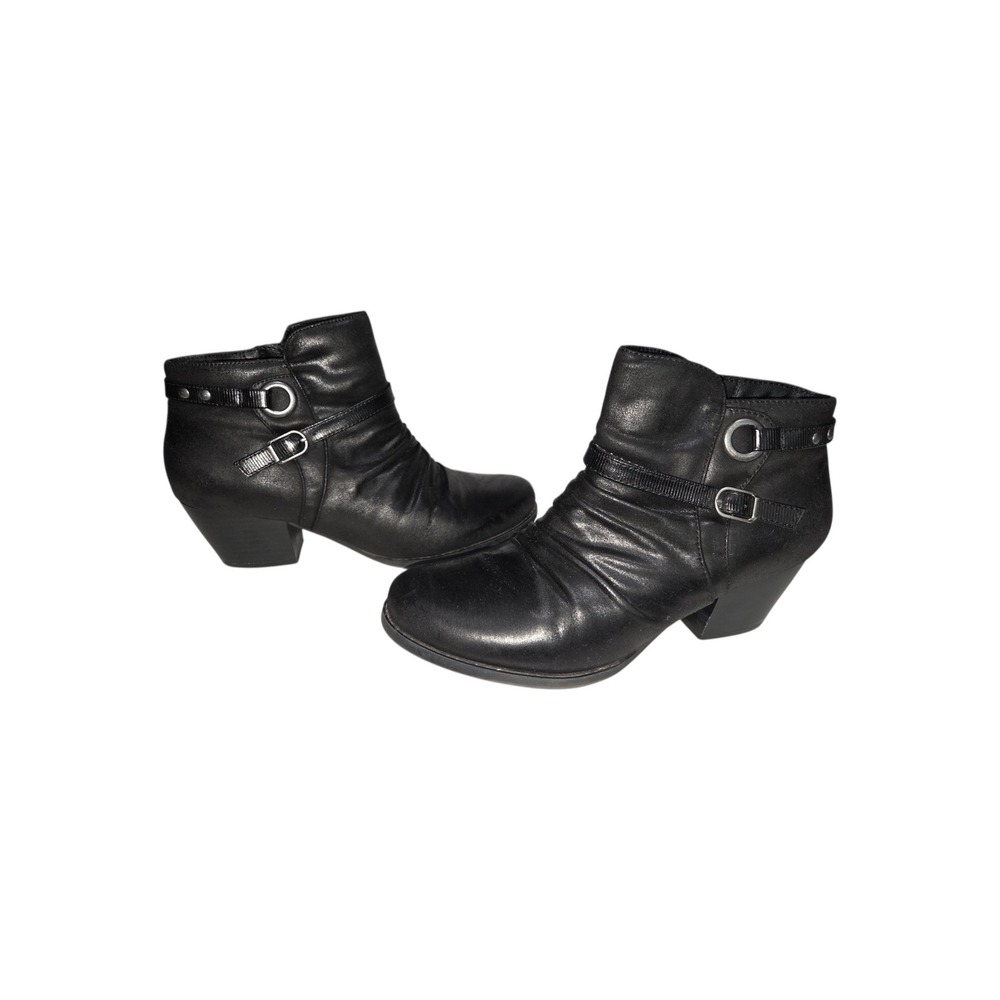 Yuu Regina Black Ruched Ankle Boots Womens 8M Side Zip Buckle Block Heel Booties